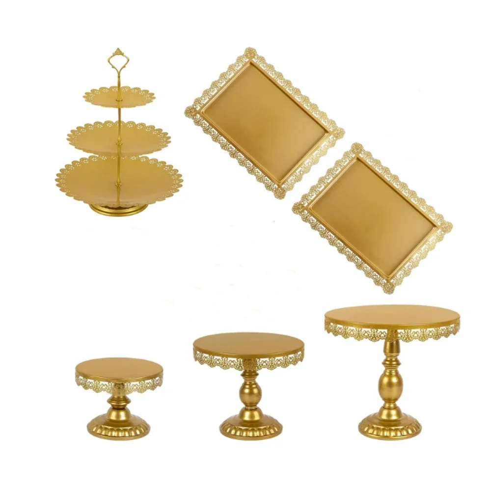 6 Pc Gold Metal Dessert Table Display Set, Cake Stand, Cupcake, 3-Tier Party Set